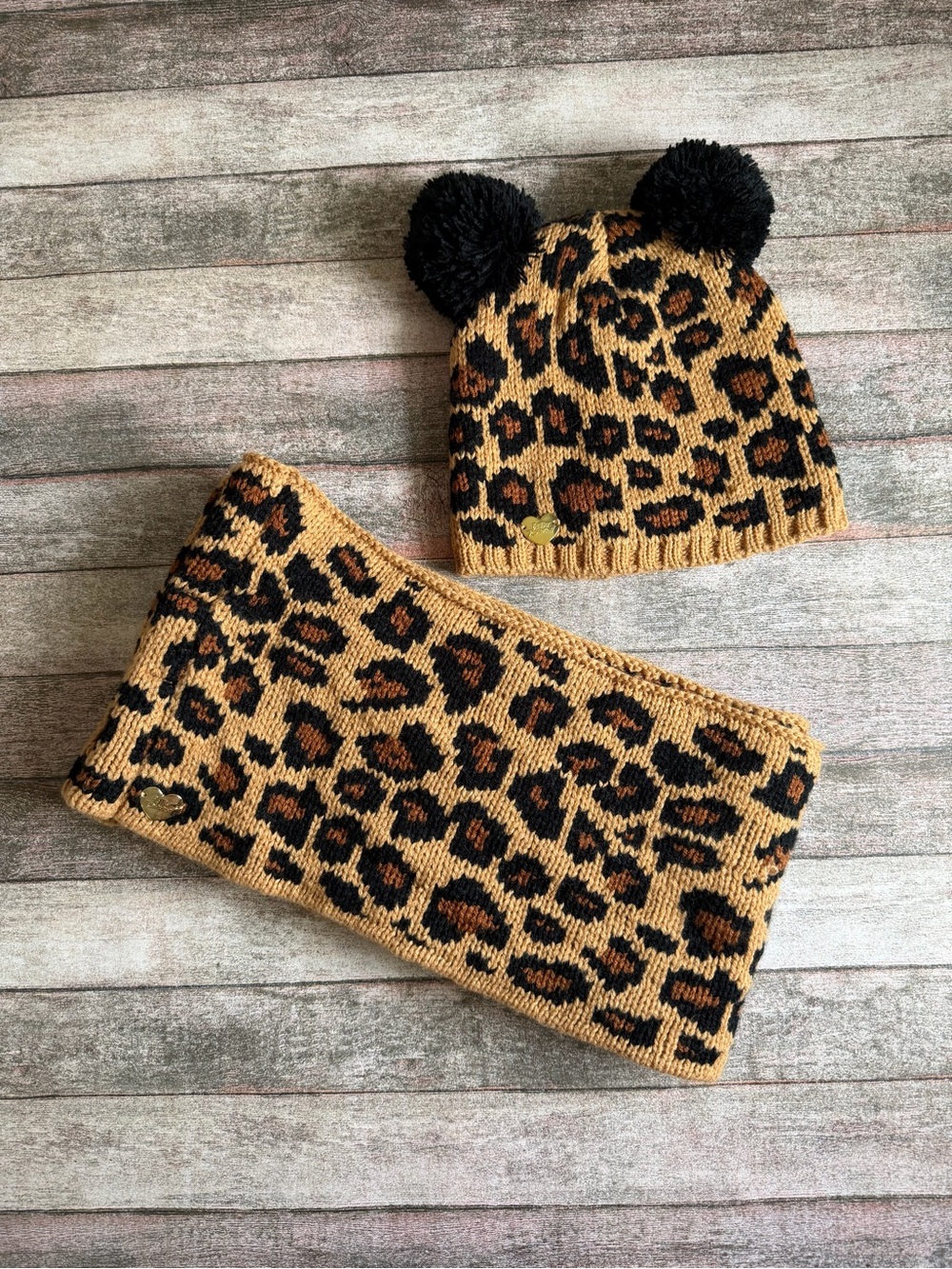 Betsey Johnson Leopard Print Pom Beanie and Infinity Scarf